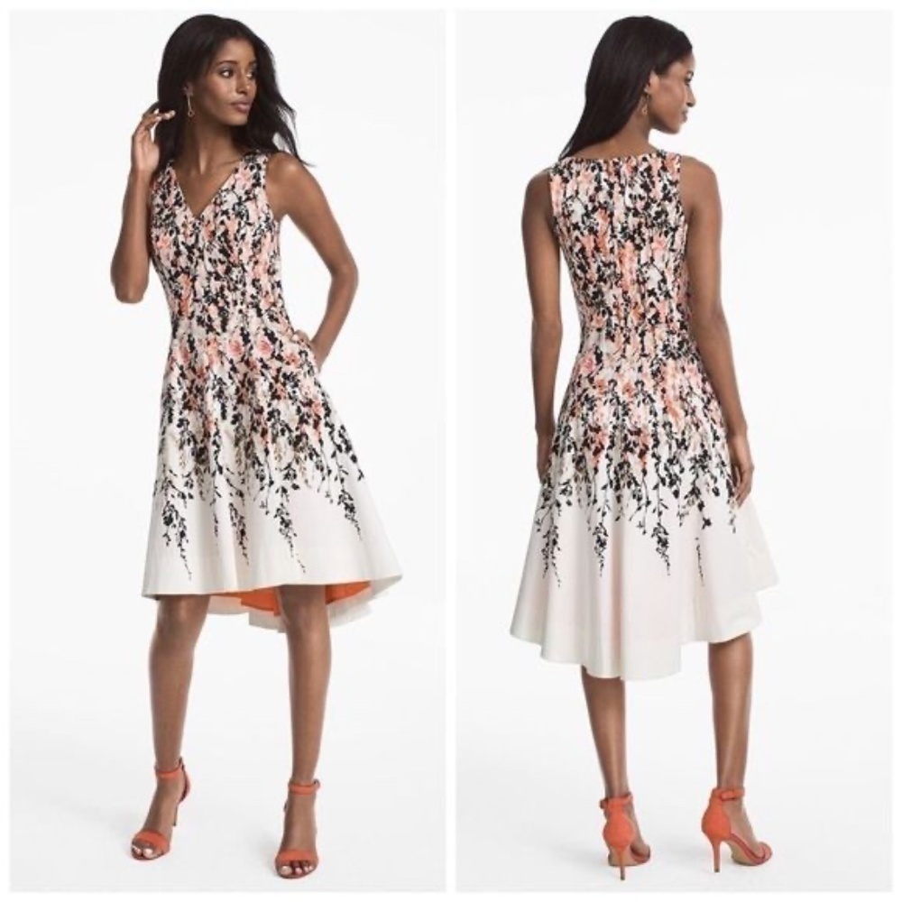 WHBM dress white peach floral hi-low fit and flare lined sleeveless size 0